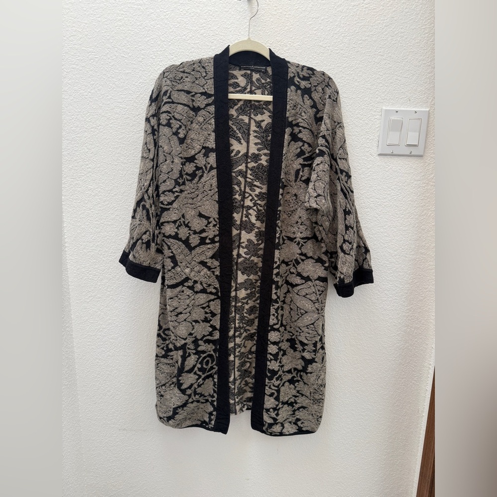 Peruvian Connection Long Duster Pima Cotton Boho Black and Cream Floral Cardigan